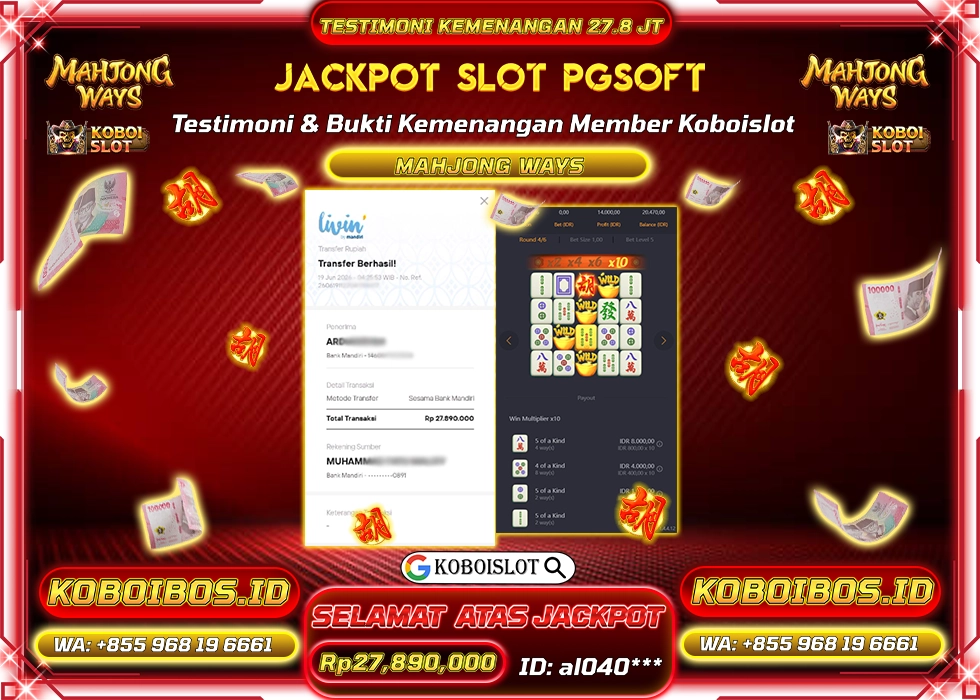 BUKTI KEMENANGAN Id al040*** SLOT GACOR MAHJONG WAYS 1 Rp27.890.000,- LUNAS